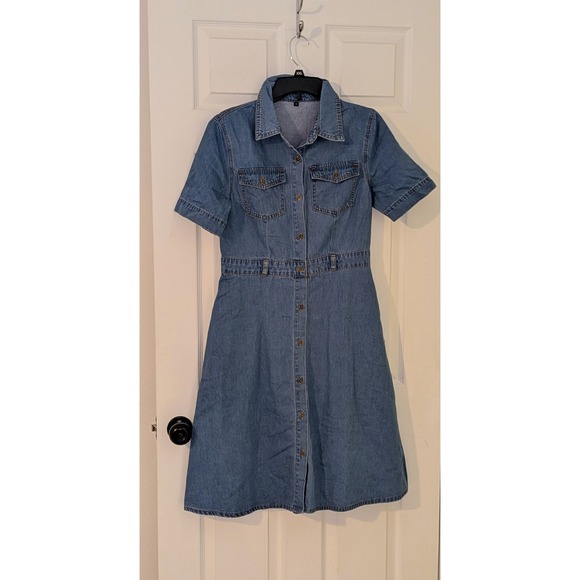 Denim Shirt Dress Womens Casual Short Sleeve Button Down Midi Dress Small NWOT - Picture 3 of 10
